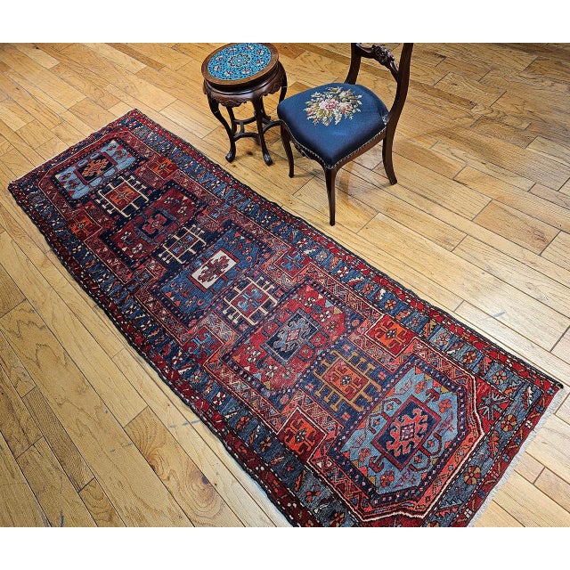 Antique Northwest Persian Runner Rug, Hand-Knotted Wool, Geometric Medallions Pattern, 3x10, Blue & Red For Sale - Image 15 of 15