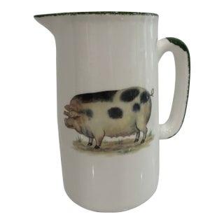 Vintage White Jug / Pitcher With a Pig on Both Sides With Green Trim From England For Sale