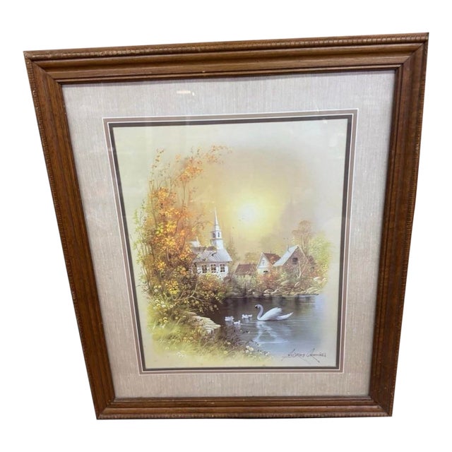 1970s Art Andres Orpinas Signed Painting Church Pond Swan With Frame For Sale