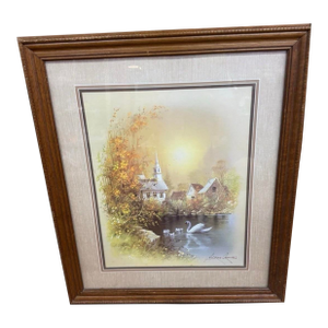 1970s Art Andres Orpinas Signed Painting Church Pond Swan With Frame