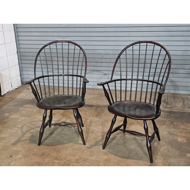 Store Item: Pair of D.R. Dimes Sack Back Windsor Arm Chairs Bench Made Black Crackle Finish Description: Each Chair has a...