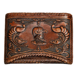 Unique Soldier Braided Trim Hand Tooled Antique Leather Cigarette Case Tobacciana For Sale