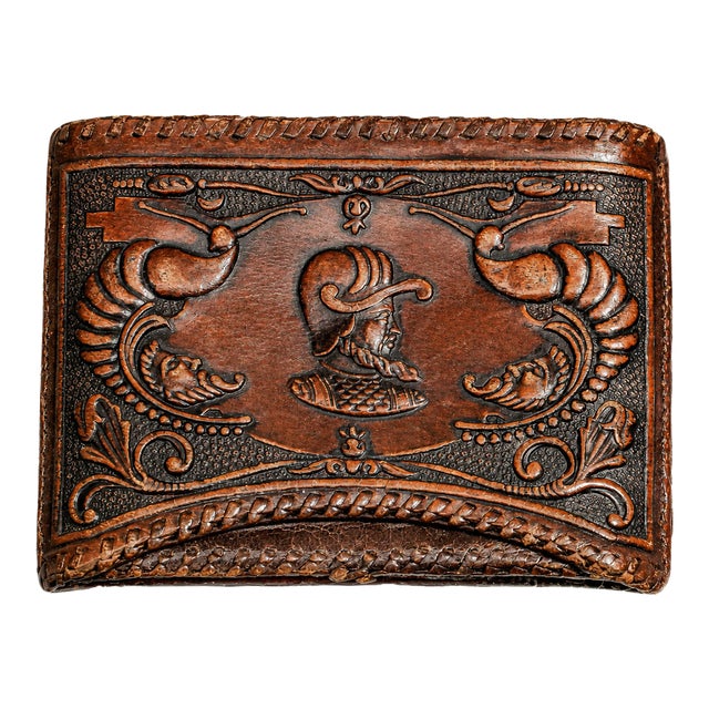 Unique Soldier Braided Trim Hand Tooled Antique Leather Cigarette Case Tobacciana For Sale