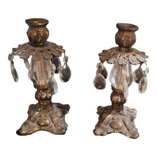 Brass Crystal Candlestick Holders With Prisms, Pair For Sale