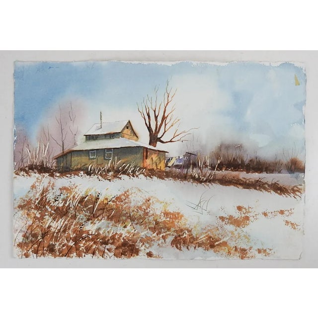 Late 20th Century Winter Landscape Watercolor Painting For Sale - Image 4 of 4