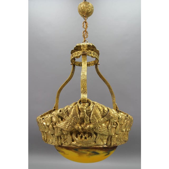 1930s Art Deco French Brass Chandelier with Yellow Pâte De Verre Glass by Degué, 1930s For Sale - Image 5 of 18