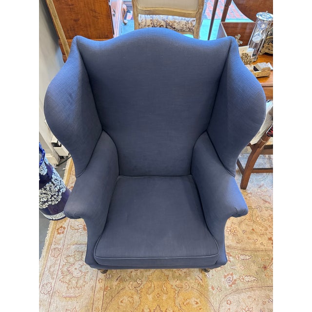1800s Antique Wingback Blue Linen Chair For Sale - Image 4 of 6