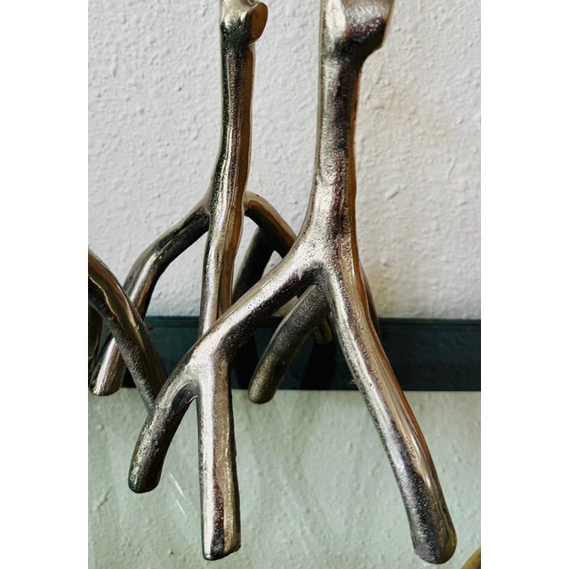 Metal Set of Three Mid-Century Modern Branch-Form Silvered Metal Candlesticks With Burgundy Tapers For Sale - Image 7 of 9