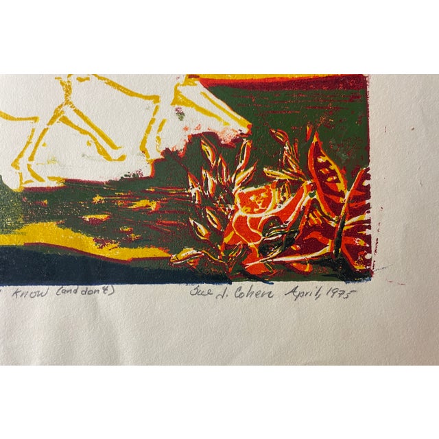 1975 screenprint by Sue Cohen of three running horses. Equestrian print pencil signed, dated, titled "All I Know (and...
