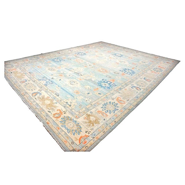 Turkish 21st Century Turkish Sultanabad Wool 15x19 Light Blue & Ivory Handmade Oversized Area Rug #1144185 For Sale - Image 3 of 10