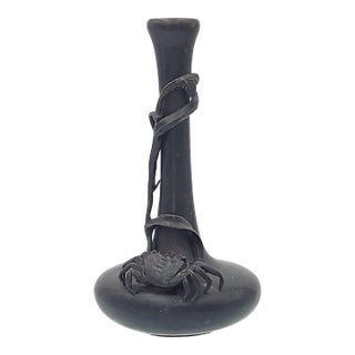 Taisho Bronze Stick Vase With Crab and Reeds, Japan Circa 1910 For Sale