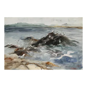 1960s "Seagulls on Rocks 61" Watercolor Painting by Eve Nethercott