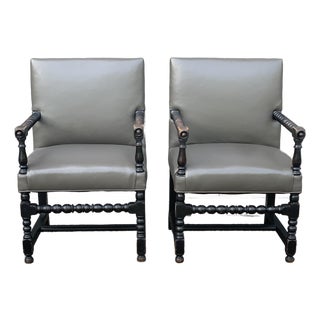 Pair Vintage Bobbin Armchairs in Ebonized Wood With Gray Leather Upholstery For Sale