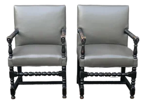 Pair Vintage Bobbin Armchairs in Ebonized Wood With Gray Leather Upholstery