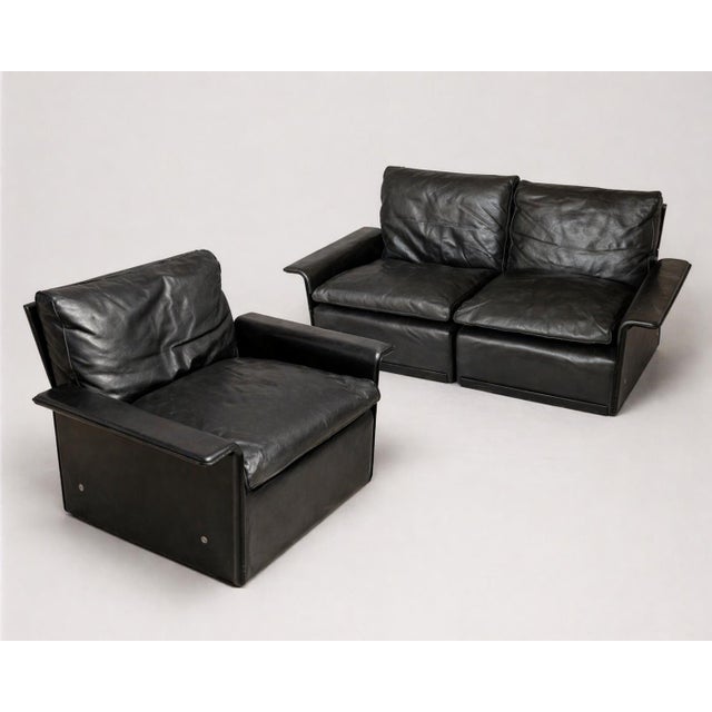 1970s Model 620 Armchair and Modular 2-Seater Sofa in Black Leather by Dieter Rams for Vitsoe, 1970s, Set of 2 For Sale - Image 5 of 5