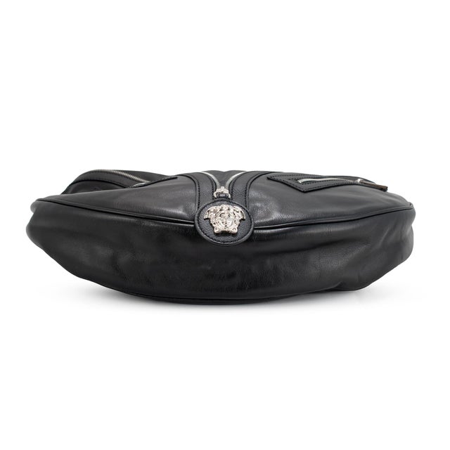 Versace Repeat Hobo Medium Black Leather Silver Hardware Shoulder Bag For Sale - Image 9 of 16