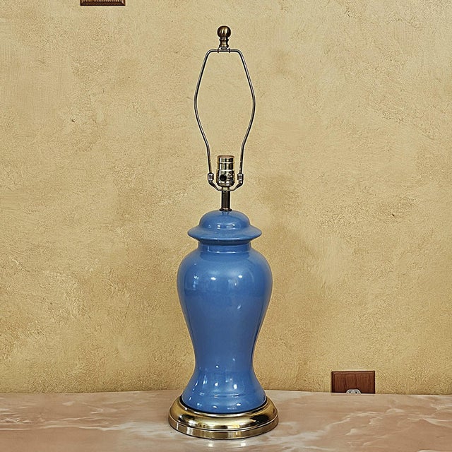 Vintage Blue Porcelain Urn Lamp With Brass Base - Hollywood Regency For Sale - Image 13 of 18