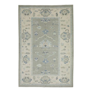 Early 21st Century Green & Blue Floral Design Handwoven Wool Turkish Oushak Rug 6' X 8'8" For Sale