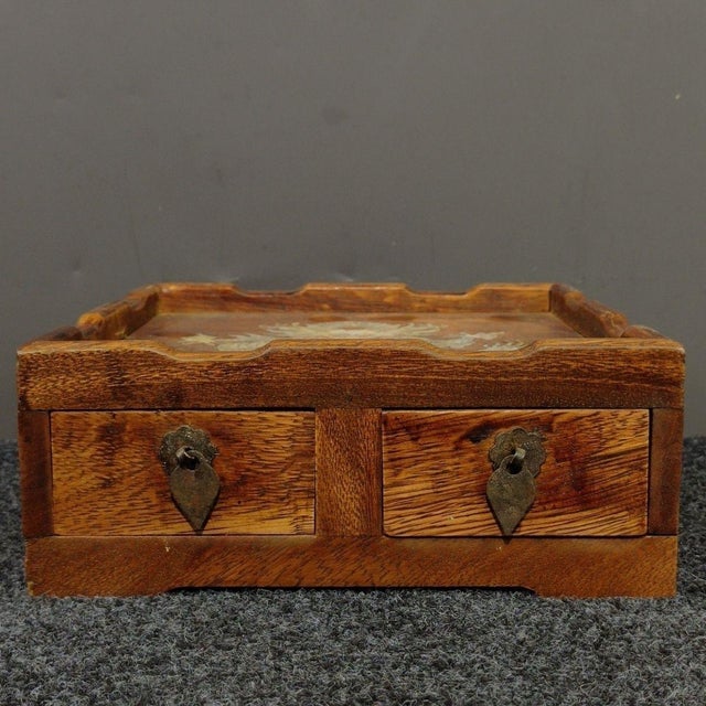 Rosewood Mother‑of‑Pearl Inlaid Dragon Box, 2 Drawer Tabletop Caddy / Tea Tray For Sale - Image 4 of 9
