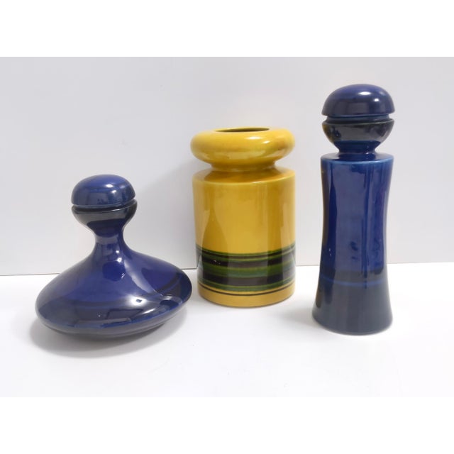 Postmodern Blue and Yellow Glazed Vase and Bottles attributed to Parravicini, 1970s, Set of 3 For Sale - Image 15 of 15