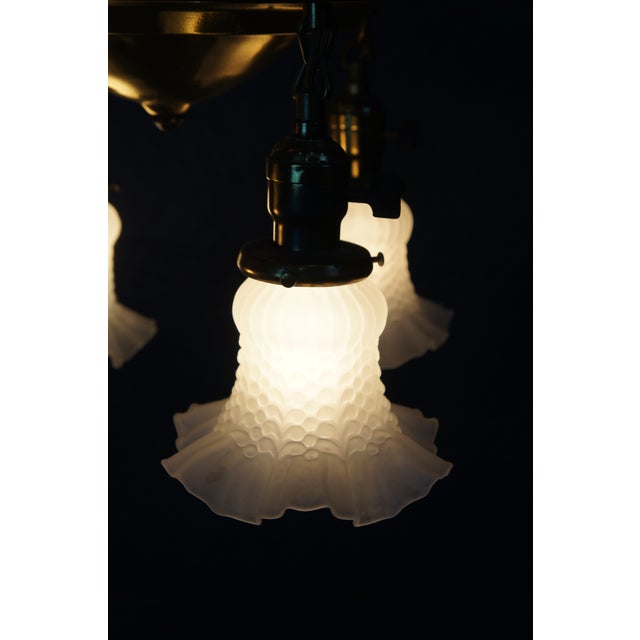 Brass Antique Victorian Brass Ruffled Glass 4 Light Parlor Pendant Light Chandelier For Sale - Image 8 of 13