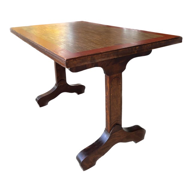 1930s Antique Mahogany Writing Table Desk With “Lino” Top by the Gunn