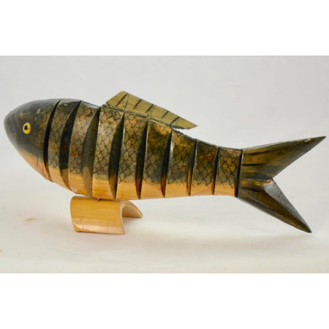 Vintage artisan crafted carved wood folk art reticulated fish with texture and detail in avocado, brown, khaki and...