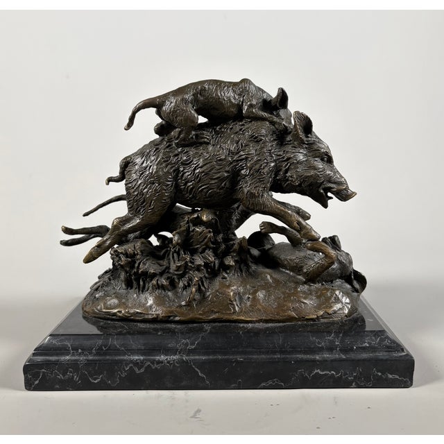 Metal Pierre Jules Mene, Wild Boar Captured by Four Dogs, 1800s, Bronze & Marble For Sale - Image 7 of 9