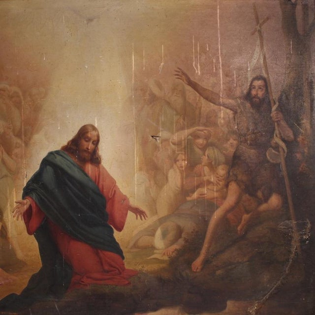 An antique Italian painting from the second half of the 19th century. An oil on canvas work on its original canvas...
