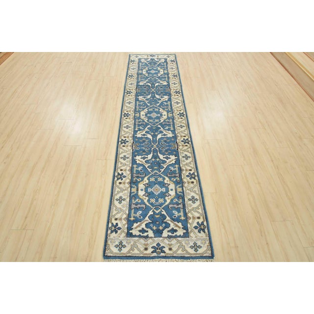 Tribal Oushak Runner 2’7” X 10′ Blue Wool Tribal Hand-Knotted Oriental Rug For Sale - Image 3 of 13