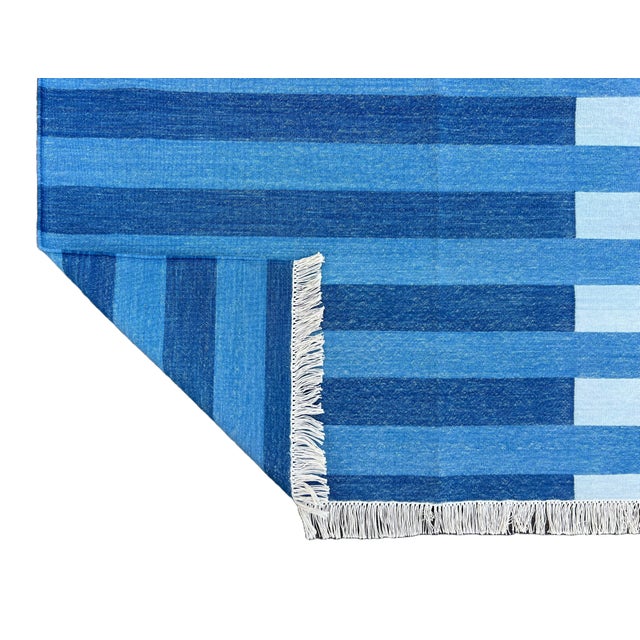 Handmade Cotton Area Rug, Natural Vegetable Dyed, Indigo Blue Striped Rug - 6'x9' For Sale - Image 10 of 13
