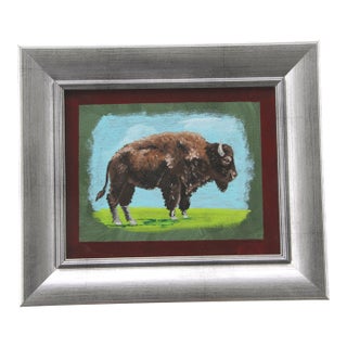 Buffalo Bison Western Landscape Dark Brown Green Blue Americana Folk Art Realism Original Oil Painting Cleo Plowden For Sale