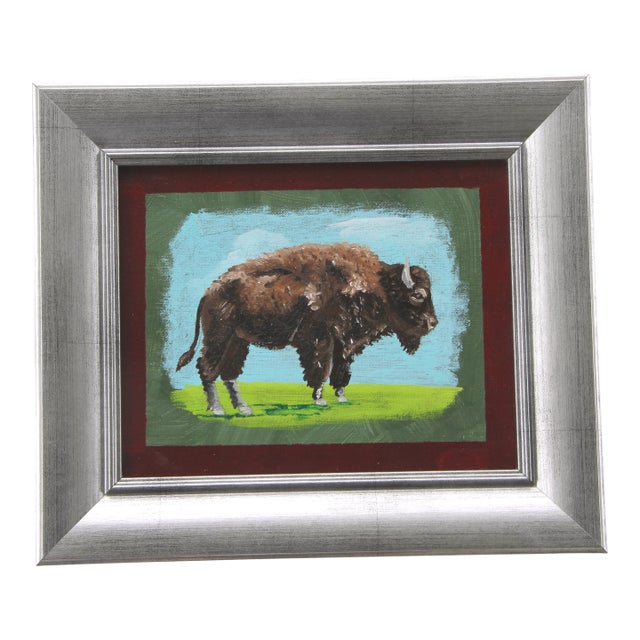 Buffalo Bison Western Landscape Dark Brown Green Blue Americana Folk Art Realism Original Oil Painting Cleo Plowden For Sale