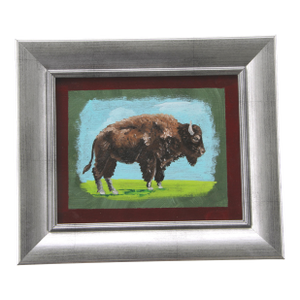 Buffalo Bison Western Landscape Dark Brown Green Blue Americana Folk Art Realism Original Oil Painting Cleo Plowden