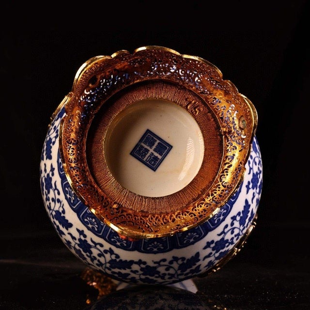 Chinese Vintage Chinese Blue and White Porcelain Vase With Gilt Bronze Dragon Handles and Elaborate Stand For Sale - Image 3 of 9
