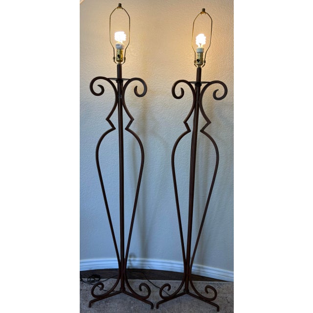 Spanish Revival Vintage Spanish Revival Scrolled Wrought Iron Floor Lamps With Antiqued Shades – Pair For Sale - Image 3 of 15