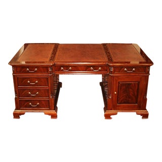 Flame Mahogany Tooled Leather Partners Desk With File Drawer For Sale