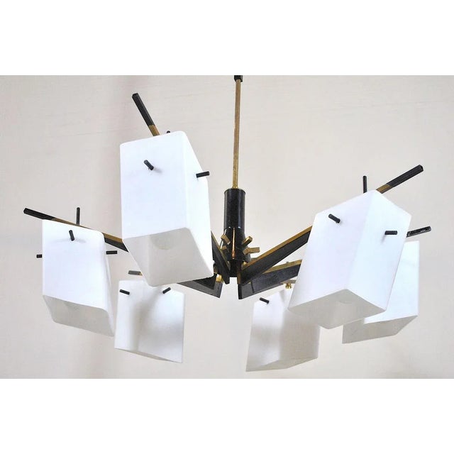 Brown Brass, Wood, and Opaline Glass Pendant Lamp by Stilux, 1960s For Sale - Image 8 of 14