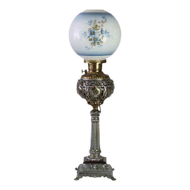 Antique Classical Brass & Figural Silver Gilt Bronze Converted Gass Lamp C1900 For Sale