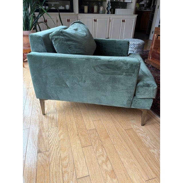 1 year old west elm performance evergreen velvet 34” deep upholstered chair with brass legs. Retails on west elm for $1200...