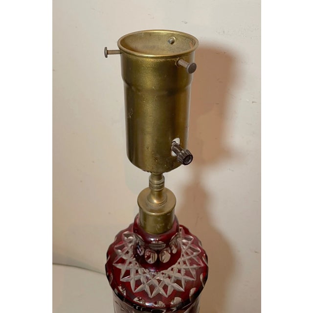 1960s Large Vintage Cut to Clear Bohemian Czech Cranberry Glass Crystal Table Lamp For Sale - Image 9 of 9
