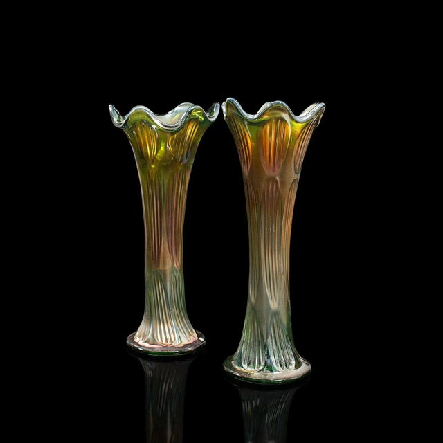 Early 20th Century Circa 1930 Vintage English Carnival Glass Decorative Flower Vases - A Pair For Sale - Image 5 of 13
