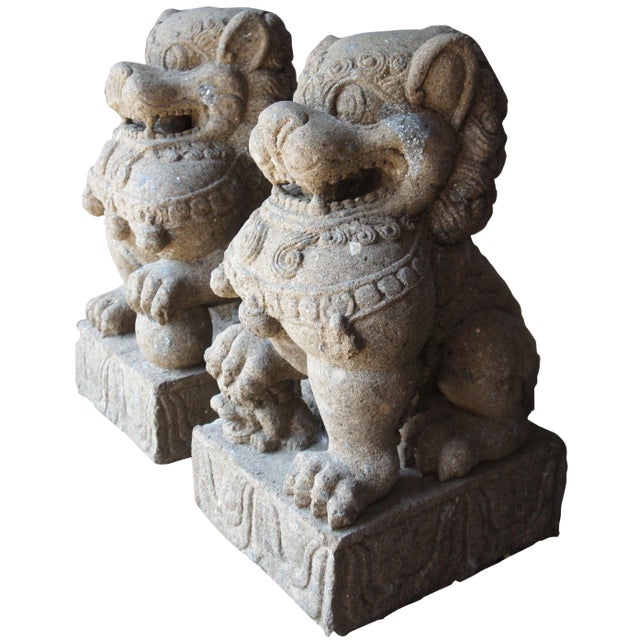 Late 20th Century Vintage Chinese Concrete Foo Dogs Guardian Lion Statues- A Pair For Sale
