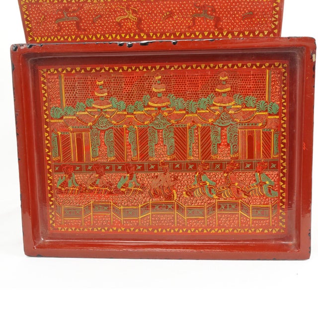 Large Vintage Thai/Burmese Lacquer Hand Painted Box With Lid and Inner Tray For Sale - Image 11 of 14