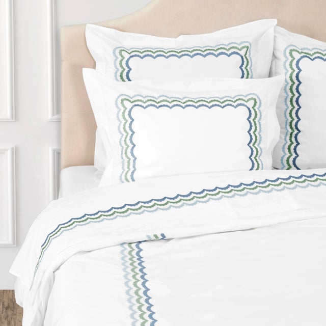 Contemporary Celerie Kemble + Hamburg House Whimsical Blue & Green Scallop Queen Duvet Set - 3 Pieces For Sale - Image 3 of 5