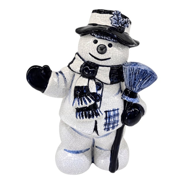 Vintage 1984 Dedham Style Blue White Crackle Glaze Snowman Figurine, Potting Shed Attributed For Sale