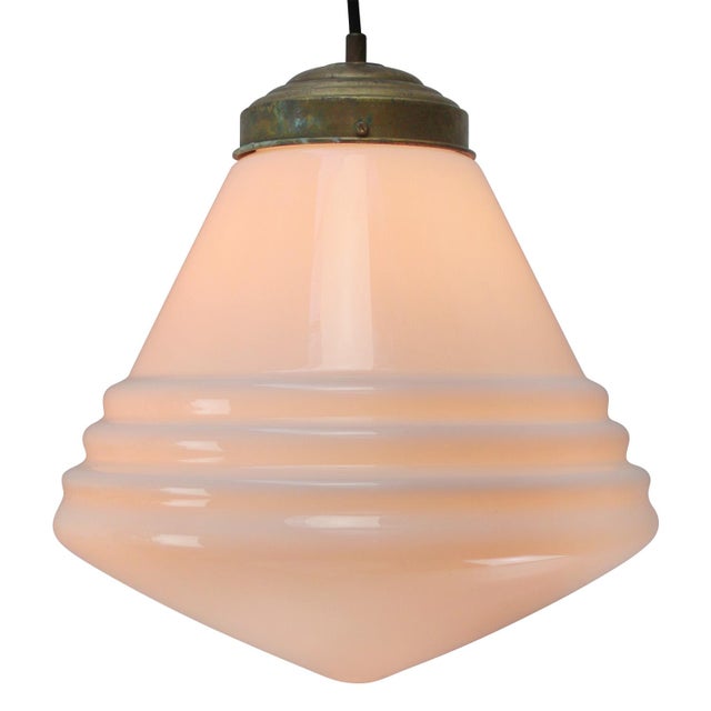 Reeded opaline glass pendant light by Philips, The Netherlands Brass top, 2 meter black wire E27/E26 This piece has an...