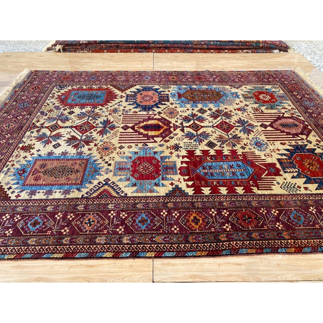 Ivory Vintage Kazak Wool Rug, Ivory Tribal Medallion For Sale - Image 8 of 9