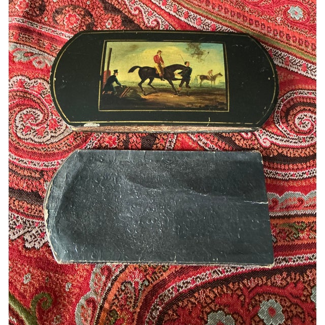 An Early 19th German Stobwasser Type Painted Lacquer Card Case of Racing Theme For Sale - Image 4 of 6