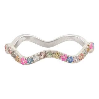 Vivid Multi Sapphire 14k White Gold Wave Ring Size 6 For Sale